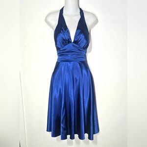 Royal Blue Satin Marilyn Monroe 1950s Swing Halter Dress
